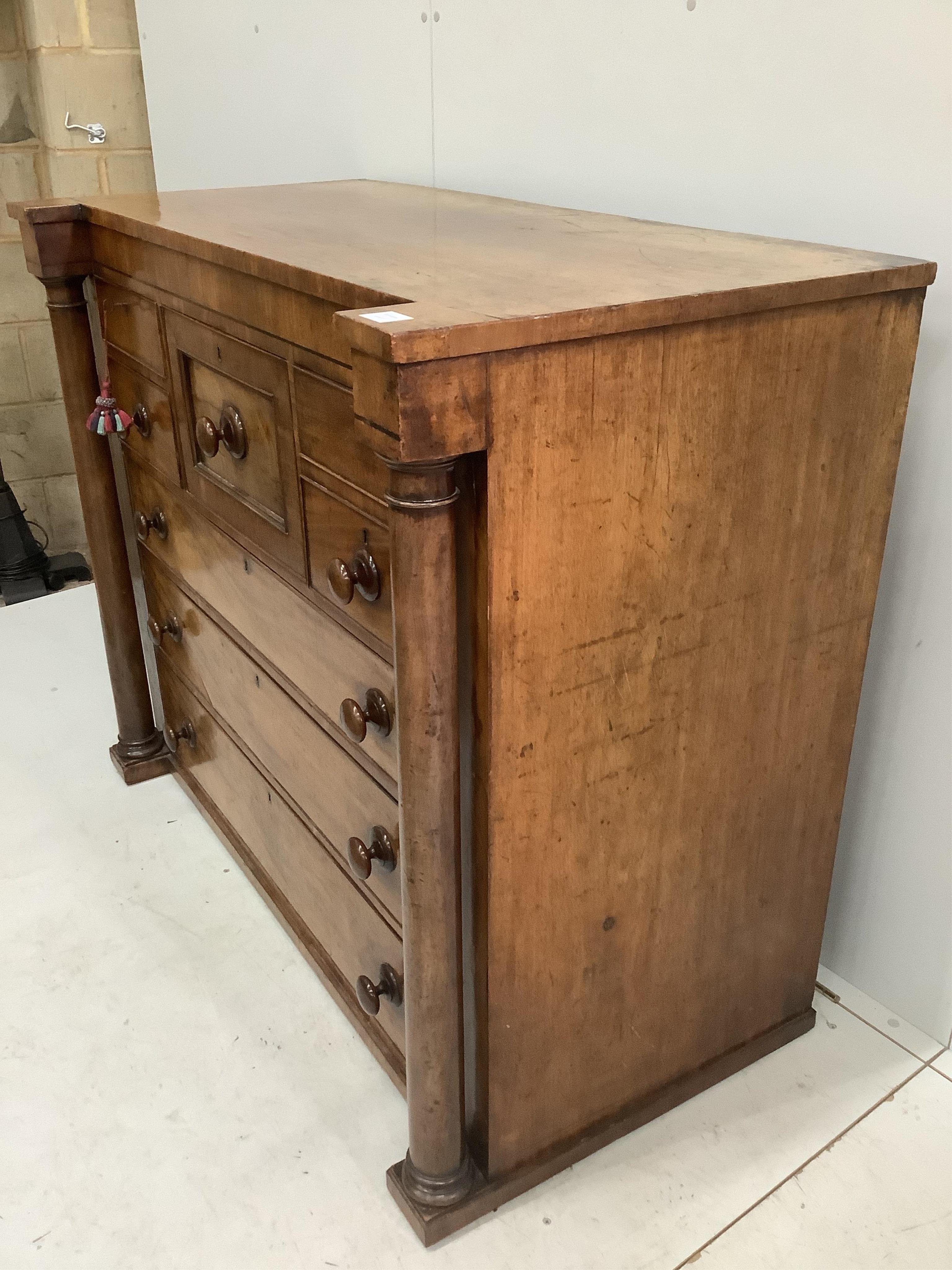 A Scottish Victorian mahogany chest, width 129cm, depth 65cm, height 108cm. Condition - feet lacking, otherwise fair